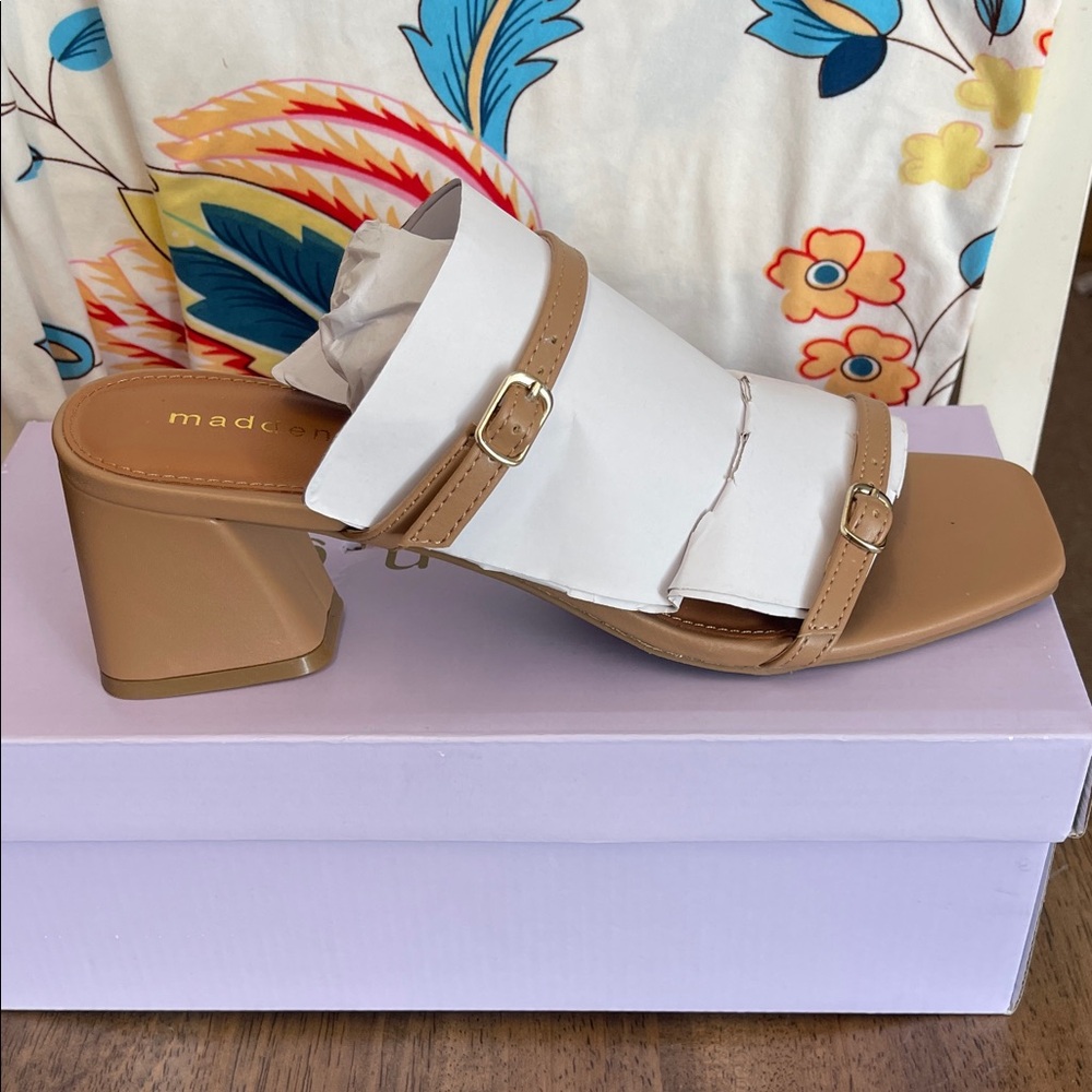 Madden Girl Tan Block Heel Slide Sandals